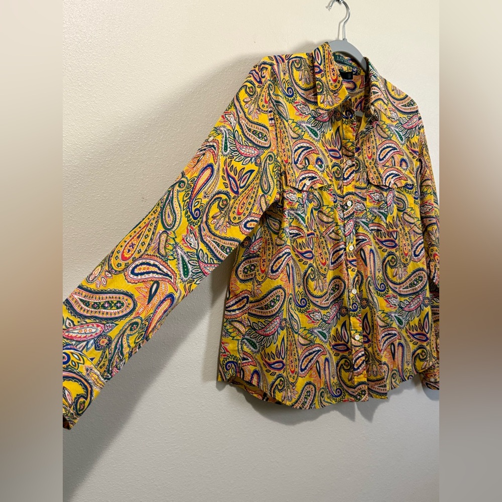Lauren Ralph Lauren Women’s Large Yellow Paisley Shirt Roll Tab sleeve blouse - Picture 3 of 13
